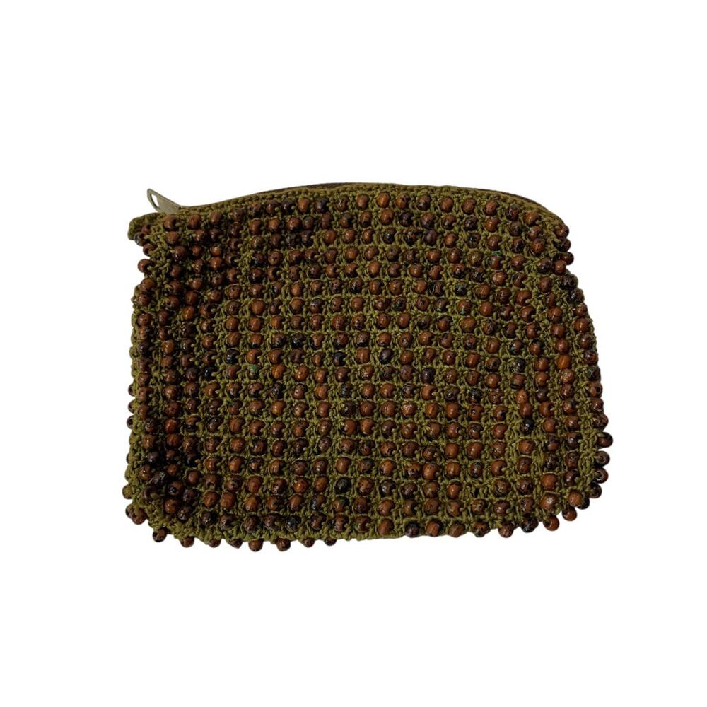 Vintage Beaded Zip Top Bag Pouch Purse Boho Macrame 6.5 x 5 Inch